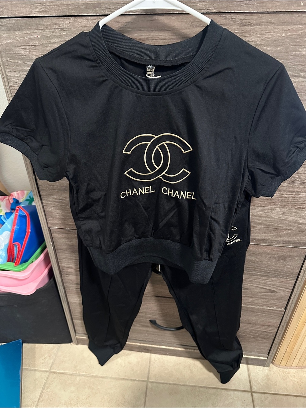 Black Crop Tee and Jogger Set with Gold Logo size S